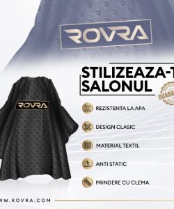 Pelerină coafor / frizerie ROVRA, neagră – logo R - imagine 2