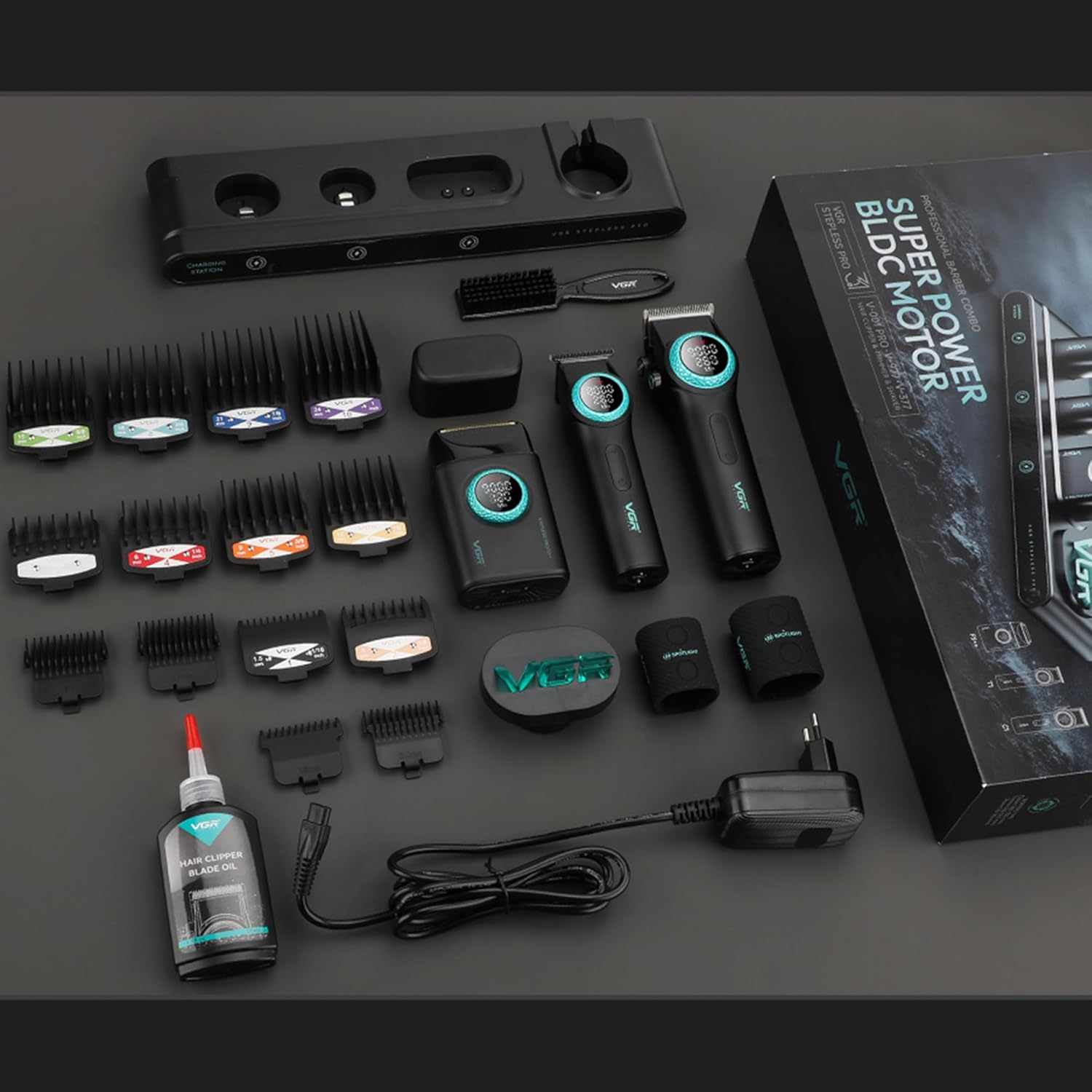 Set combo VGR STEPLESS Pro 3 în 1 — mașină de tuns, aparat de contur, aparat de ras, negru - imagine 7