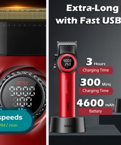 Set VGR STEPLESS Pro 4 în 1 – mașină de tuns, contur, aparat de ras și uscător, roșu - imagine 8